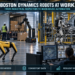 Boston Dynamics robots-style Spot, Stretch, and Atlas robots performing industrial inspection, warehouse case handling, and automotive material sequencing in a smart factory.