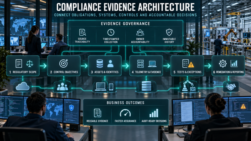 Enterprise security teams connecting regulatory scope, control objectives, assets, telemetry, testing, exceptions, remediation, and reporting through an auditable compliance architecture.