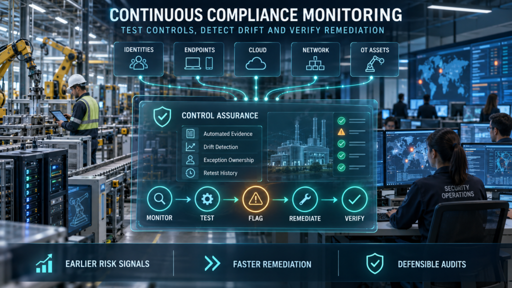 Security teams continuously monitor identities, endpoints, cloud systems, networks, and operational technology while testing controls and verifying remediation.