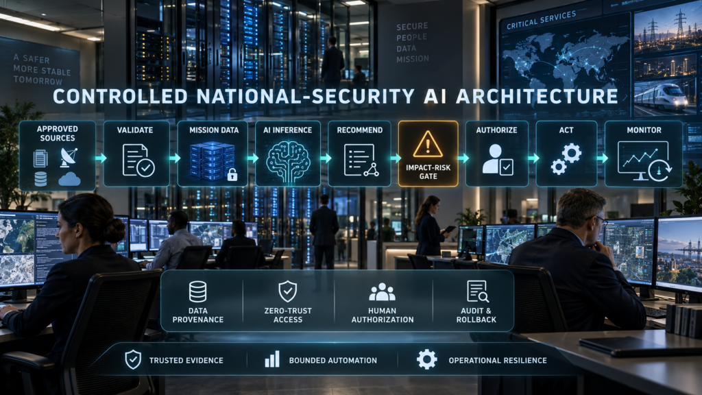 Secure AI architecture moving approved national-security data through provenance validation, mission storage, AI inference, risk review, human authorization and monitored action.