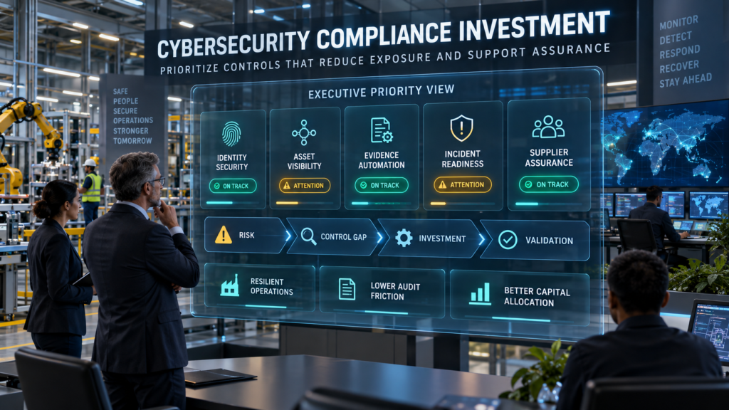 Executives assess identity security, asset visibility, evidence automation, incident readiness, and supplier assurance investments in an industrial enterprise.