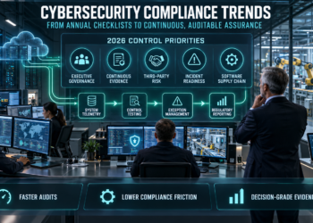 cybersecurity compliance trends: Cybersecurity operations team monitoring executive governance, continuous evidence, third-party risk, incident readiness, and software supply-chain controls.