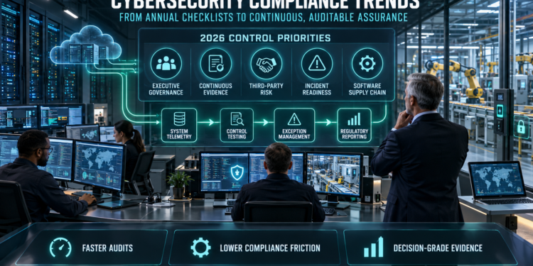cybersecurity compliance trends: Cybersecurity operations team monitoring executive governance, continuous evidence, third-party risk, incident readiness, and software supply-chain controls.