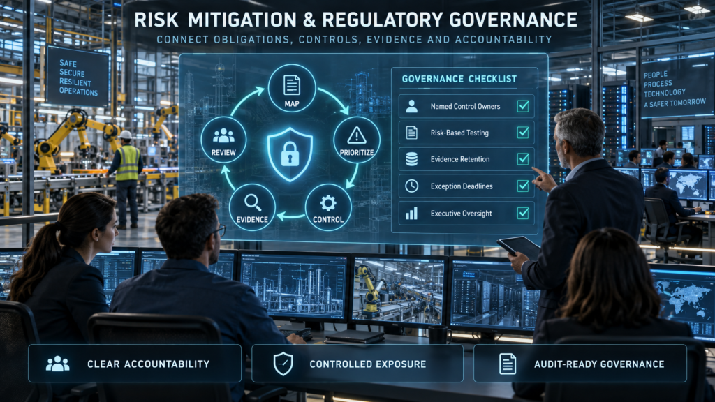 Security and compliance teams mapping obligations, prioritizing risks, implementing controls, preserving evidence, and reviewing governance across an industrial enterprise.
