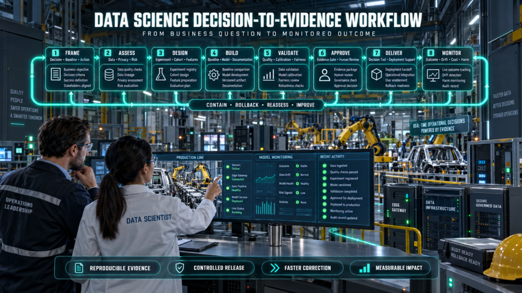 Data scientist and operations leader reviewing an eight-stage workflow covering business framing, data assessment, experiment design, model development, validation, human approval, delivery, monitoring, containment, and rollback.
