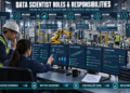 Data scientist and operations manager reviewing governed factory data, experiments, statistical models, deployment readiness, production monitoring, risk controls, and business outcomes.