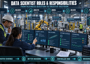 Data scientist and operations manager reviewing governed factory data, experiments, statistical models, deployment readiness, production monitoring, risk controls, and business outcomes.