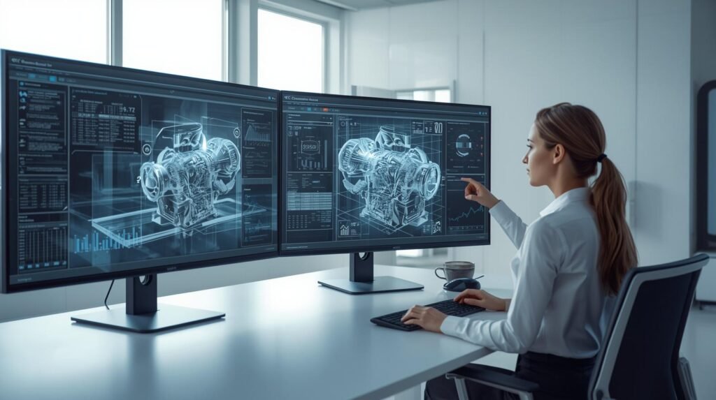 Real person interacting with a digital twin simulation of a city or system on multiple screens in a modern workplace