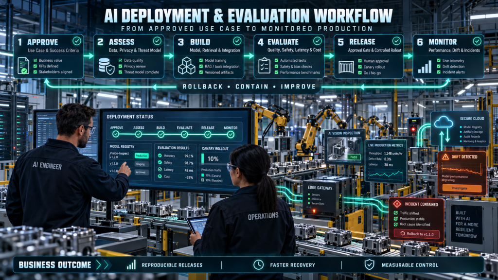 AI deployment workflow showing use-case approval, data and threat assessment, system development, evaluation, controlled release, production monitoring, incident containment, and rollback inside a smart factory.