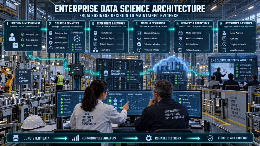 Data scientist roles and responsibilities: Enterprise data science architecture connecting business decisions, governed data sources, semantic definitions, experiments, feature pipelines, model evaluation, deployment, monitoring, audit evidence, and human approval.