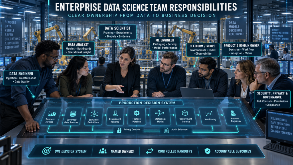 Cross-functional enterprise data science team coordinating analytics, data engineering, machine learning, MLOps, product decisions, security, privacy, governance, and production monitoring.