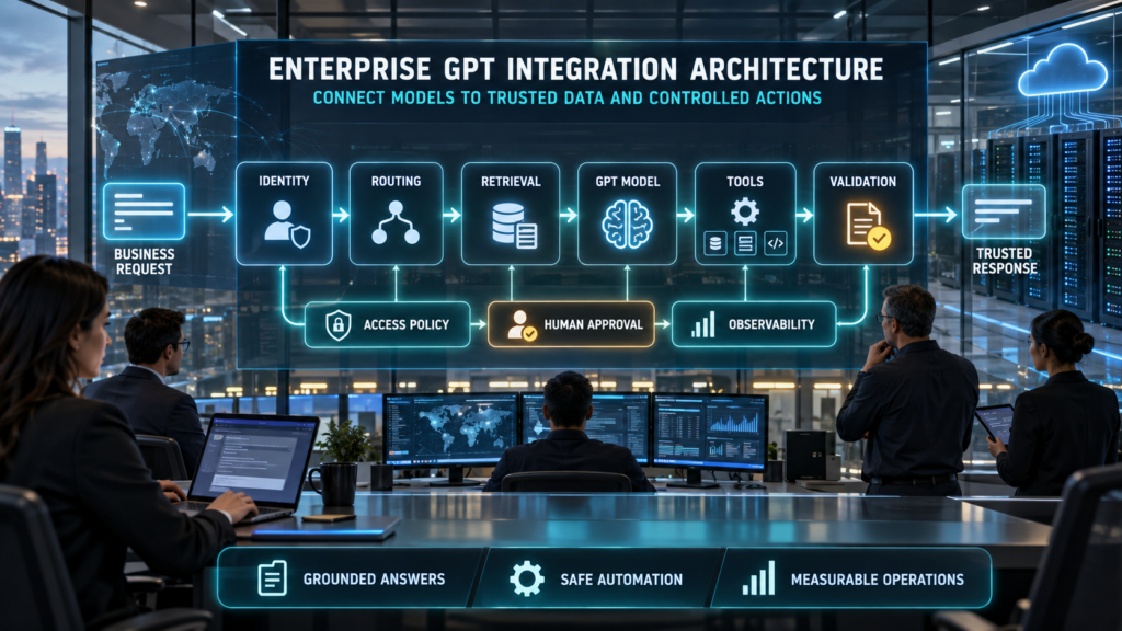 Enterprise GPT integration architecture connecting identity controls, request routing, trusted retrieval, GPT inference, governed tools, validation, human approval, and observability.