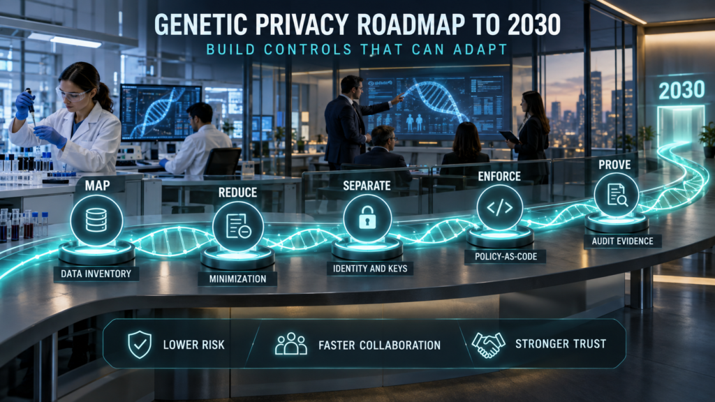 Genomics organization following a five-stage privacy roadmap covering data inventory, minimization, identity separation, policy enforcement, and audit evidence.