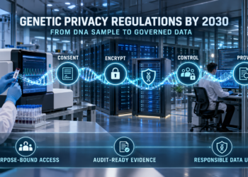 Genomic laboratory showing consent, encryption, access control, and audit evidence across the secure genetic-data lifecycle.