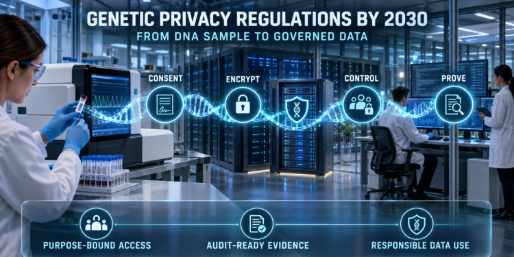 Genomic laboratory showing consent, encryption, access control, and audit evidence across the secure genetic-data lifecycle.