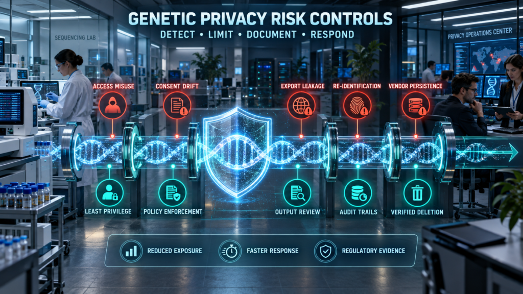 Genomic privacy operations center showing controls for access misuse, consent drift, export leakage, re-identification, and persistent vendor data.