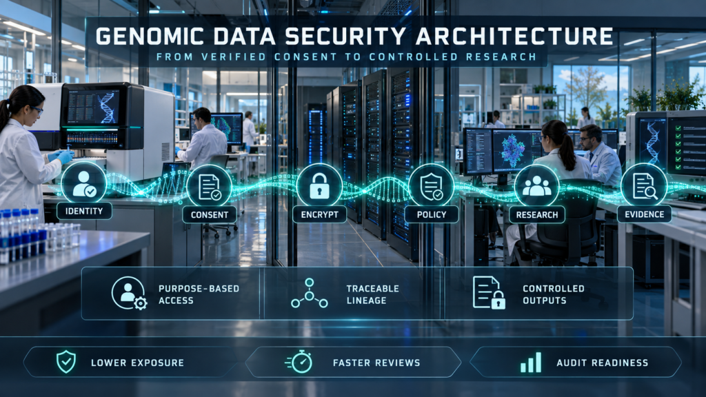 Genomic security architecture connecting identity verification, consent, encryption, policy enforcement, controlled research, and audit evidence.