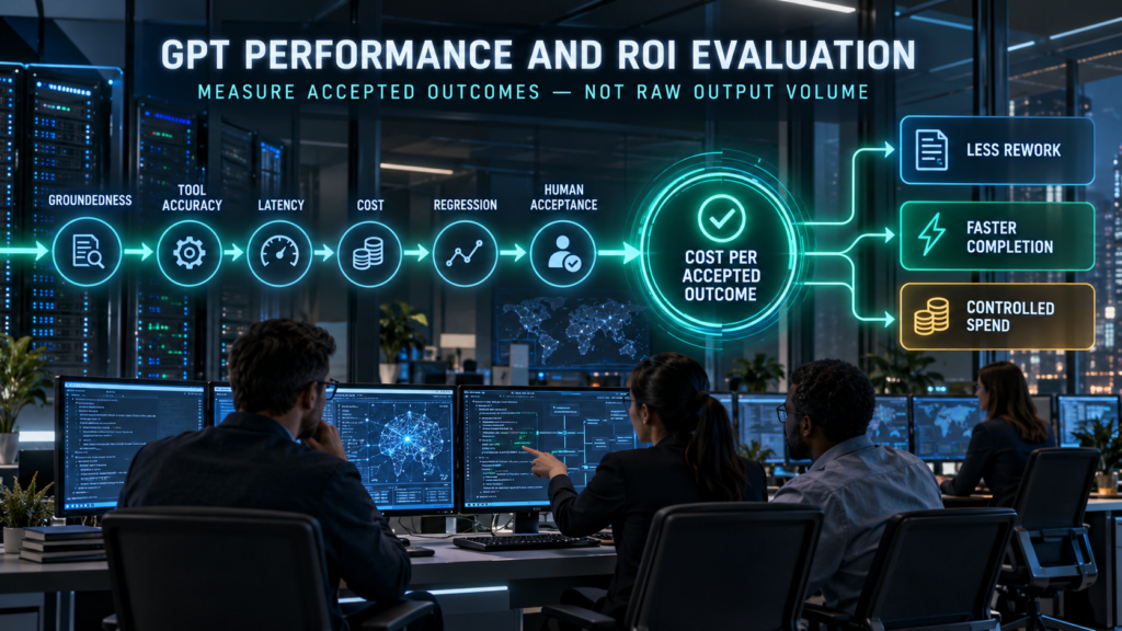 Enterprise GPT evaluation workflow measuring groundedness, tool accuracy, latency, cost, regression, human acceptance, and cost per accepted outcome.