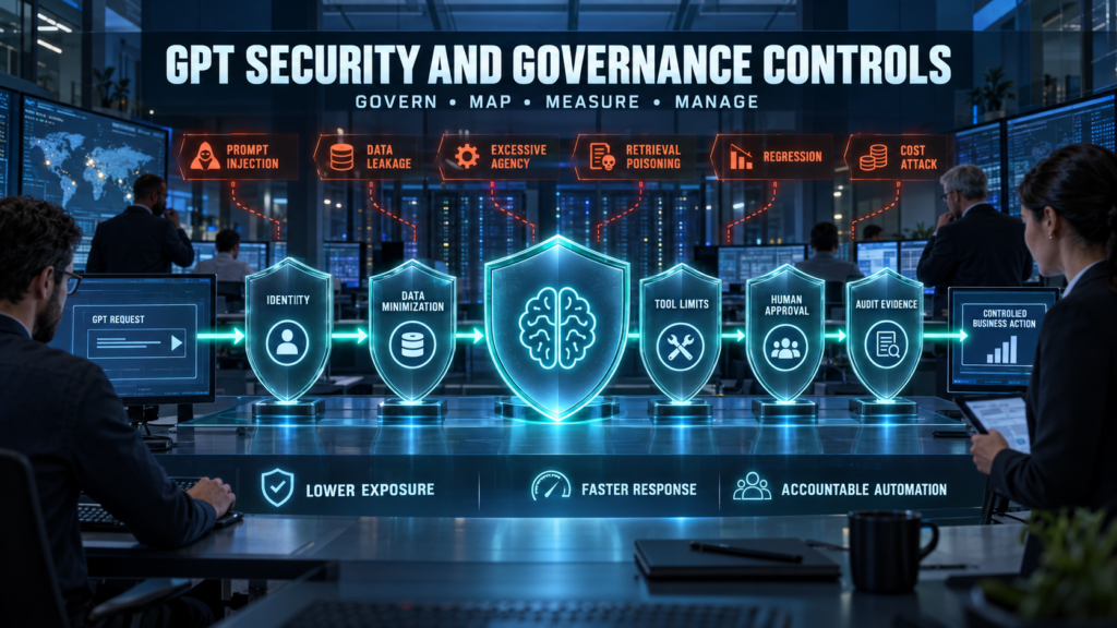 GPT security operations workflow protecting business requests from prompt injection, data leakage, excessive agency, retrieval poisoning, regression, and cost attacks.