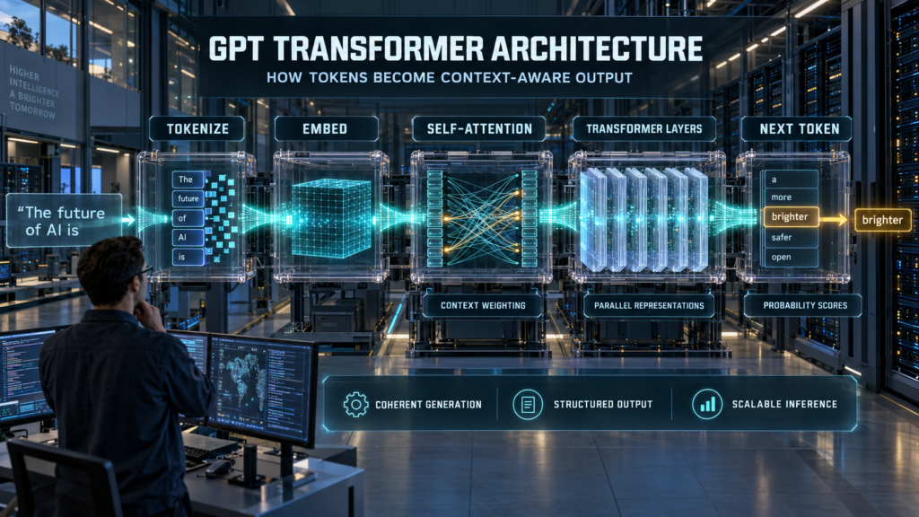 GPT  models transformer architecture showing a prompt converted into tokens, embeddings, self-attention representations, transformer layers, probability scores, and the next generated token.