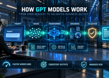 Enterprise GPT models workflow showing a user prompt moving through tokens, transformer processing, grounding, validation, and a governed business output.