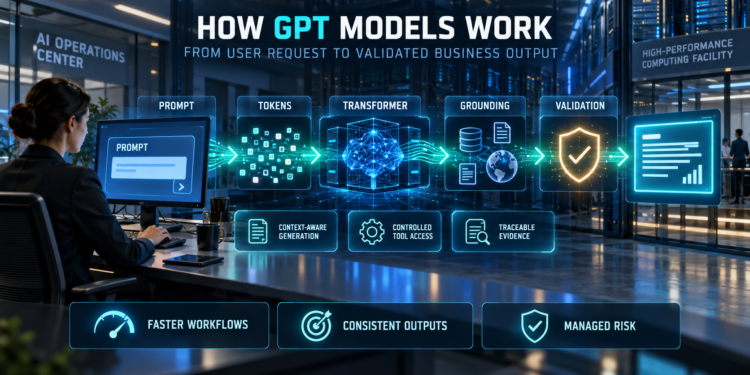 Enterprise GPT models workflow showing a user prompt moving through tokens, transformer processing, grounding, validation, and a governed business output.