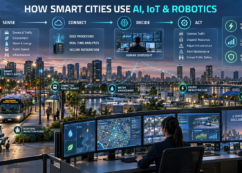 Smart Cities Use AI IoT and Robotics: Smart-city operations center connecting AI analytics, IoT sensors, public transit, water systems, energy infrastructure and a municipal inspection robot.
