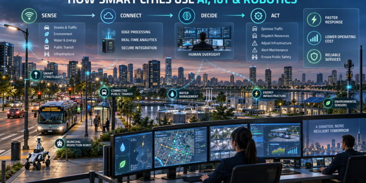 Smart Cities Use AI IoT and Robotics: Smart-city operations center connecting AI analytics, IoT sensors, public transit, water systems, energy infrastructure and a municipal inspection robot.