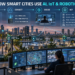 Smart Cities Use AI IoT and Robotics: Smart-city operations center connecting AI analytics, IoT sensors, public transit, water systems, energy infrastructure and a municipal inspection robot.