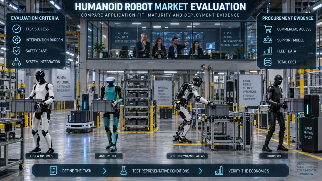 Tesla Optimus, Agility Digit, Boston Dynamics Atlas and Figure 03 evaluated on one industrial test floor using common task, safety, integration and procurement criteria.