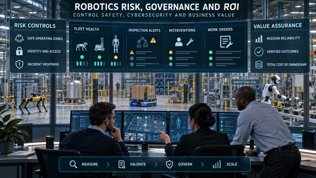 Enterprise team monitoring industrial robot fleet health, inspection alerts, interventions, work orders, safety controls, cybersecurity, and business outcomes.