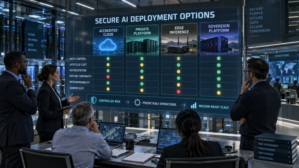 Technology procurement team comparing accredited cloud, private platform, edge inference and sovereign AI deployment options for secure operations.