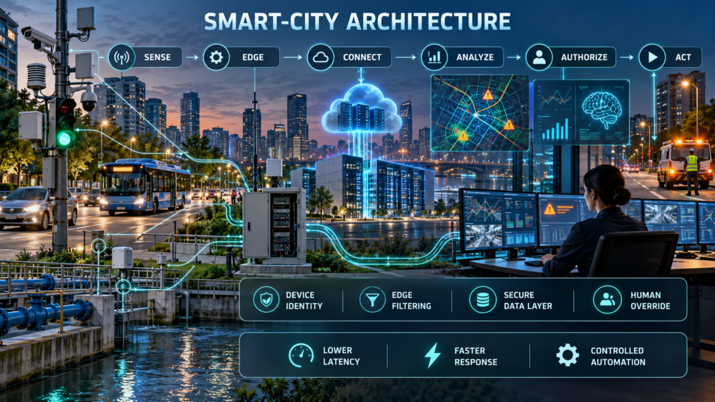 Smart-city architecture connecting traffic signals, transit, water systems and IoT sensors to edge processing, AI analysis, human authorization and controlled action.
