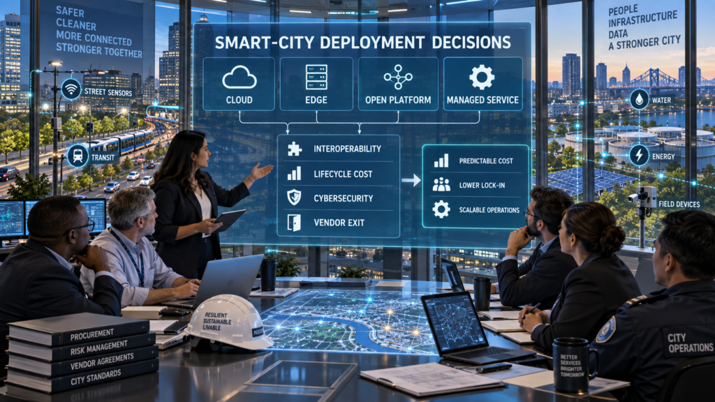 Municipal technology team comparing cloud, edge, open-platform and managed-service options for connected smart-city infrastructure.
