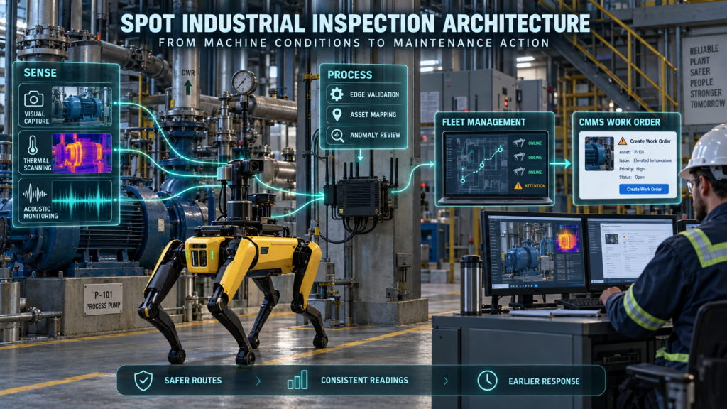 Spot-style quadruped robot collecting visual, thermal, and acoustic equipment data that flows through edge validation, fleet management, and a CMMS work order.
