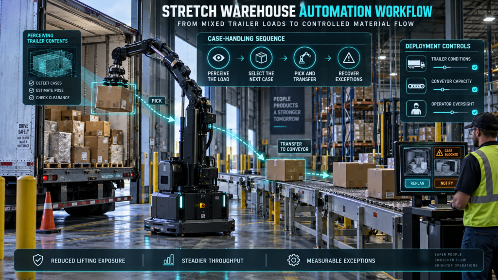 Stretch-style mobile warehouse robot unloading mixed cartons from a freight trailer and transferring selected cases onto a conveyor under operator supervision.