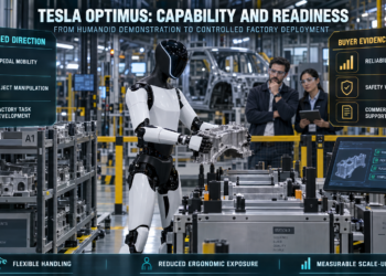 Tesla Optimus-style humanoid robot handling an automotive component in a controlled factory while engineers evaluate reliability, safety and commercial readiness.