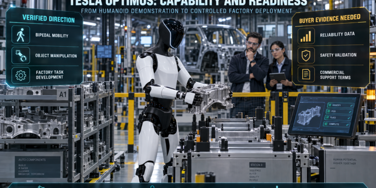 Tesla Optimus-style humanoid robot handling an automotive component in a controlled factory while engineers evaluate reliability, safety and commercial readiness.