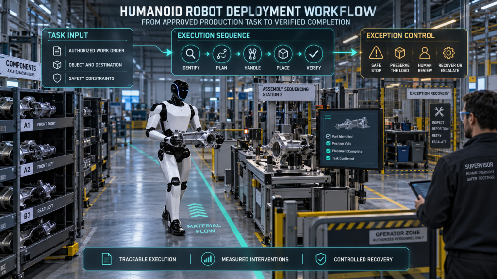 Optimus-style humanoid robot transporting an automotive component through an authorized factory workflow with task verification and exception recovery controls.
