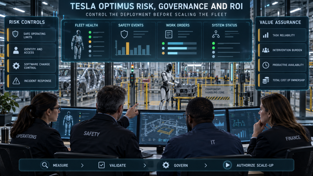 Operations, safety, IT and finance leaders monitoring an Optimus-style humanoid robot’s fleet health, safety events, work orders, system status and total cost of ownership.