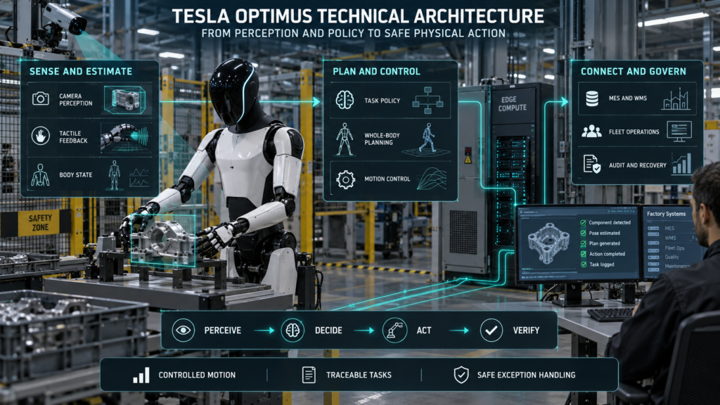 Tesla Optimus-style humanoid robot using camera perception, tactile feedback, task policies and whole-body motion control to place an automotive component and update factory systems.