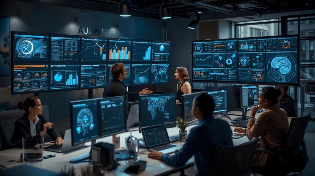 Professionals monitoring AI accountability, audit trails, governance frameworks, and compliance analytics in a modern workplace.