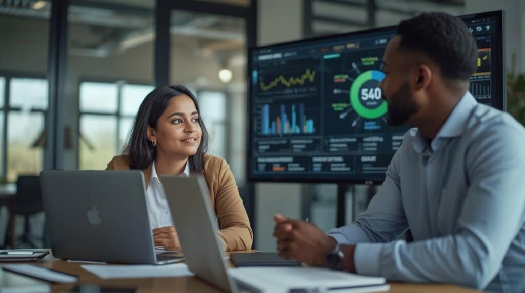 AI consultant helping a small business owner implement AI-powered business solutions in a modern office.