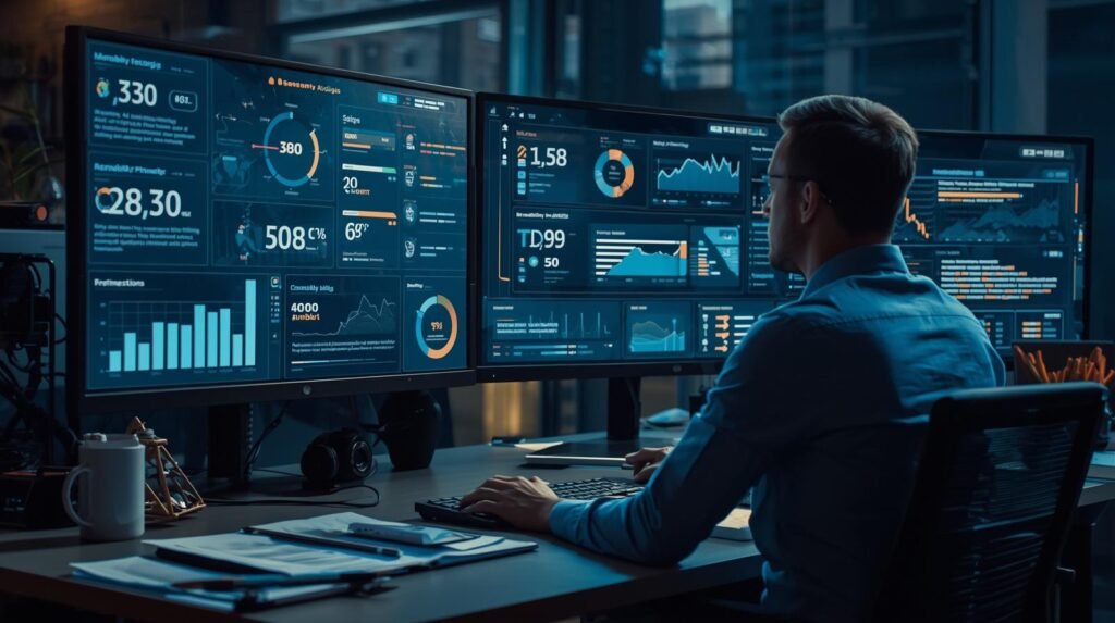 Content strategist using AI content optimization tools and SEO analytics in a modern professional workspace.