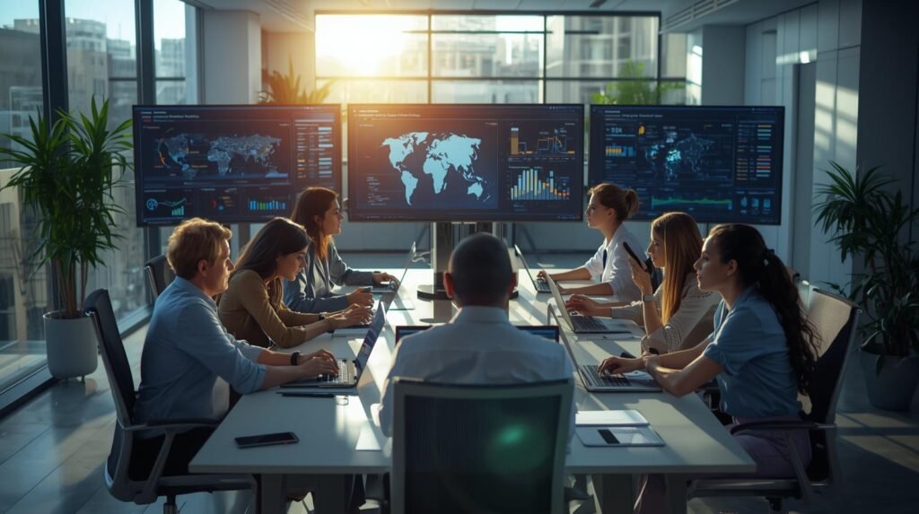 Professionals analyzing AI ethics, fairness, transparency, and governance frameworks in a modern technology workplace.