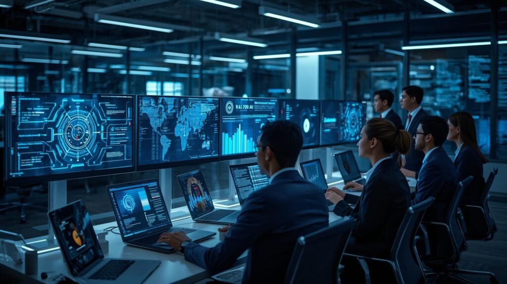 Professionals managing AI governance, compliance frameworks, risk controls, and responsible AI policies in a modern workplace.