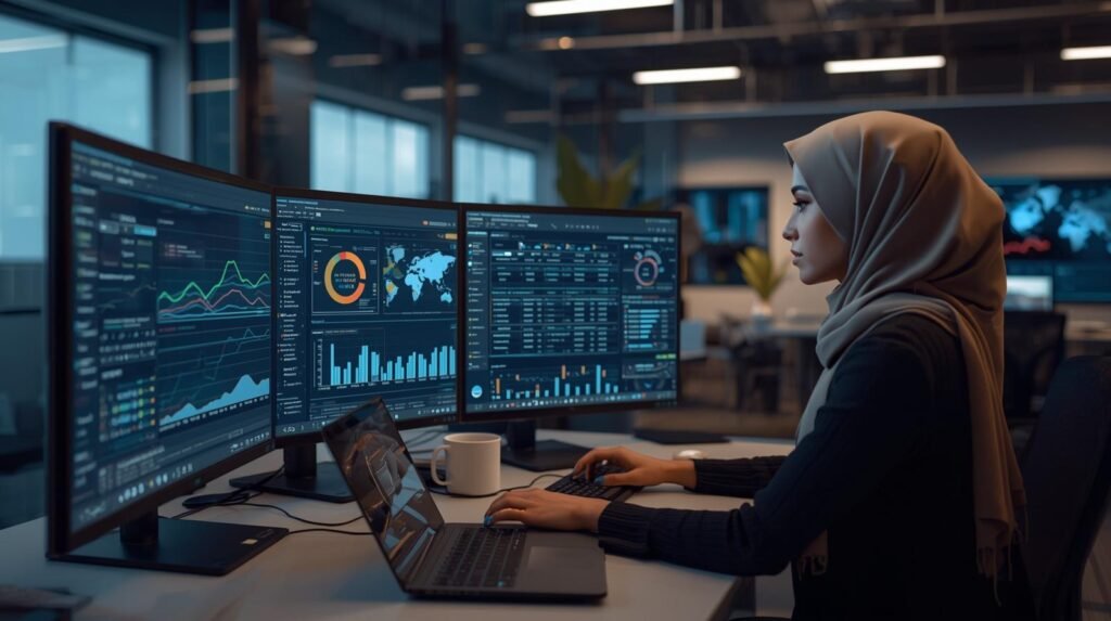 Entrepreneur using AI keyword research tools and SEO analytics dashboards in a modern workplace.