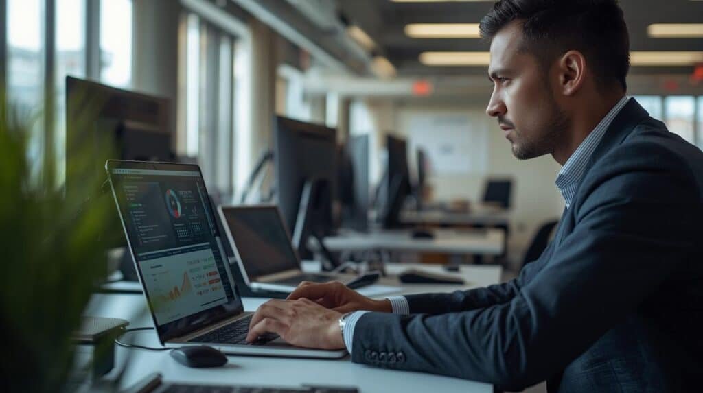 Professional using AI productivity tools and workflow automation software in a modern office workspace.