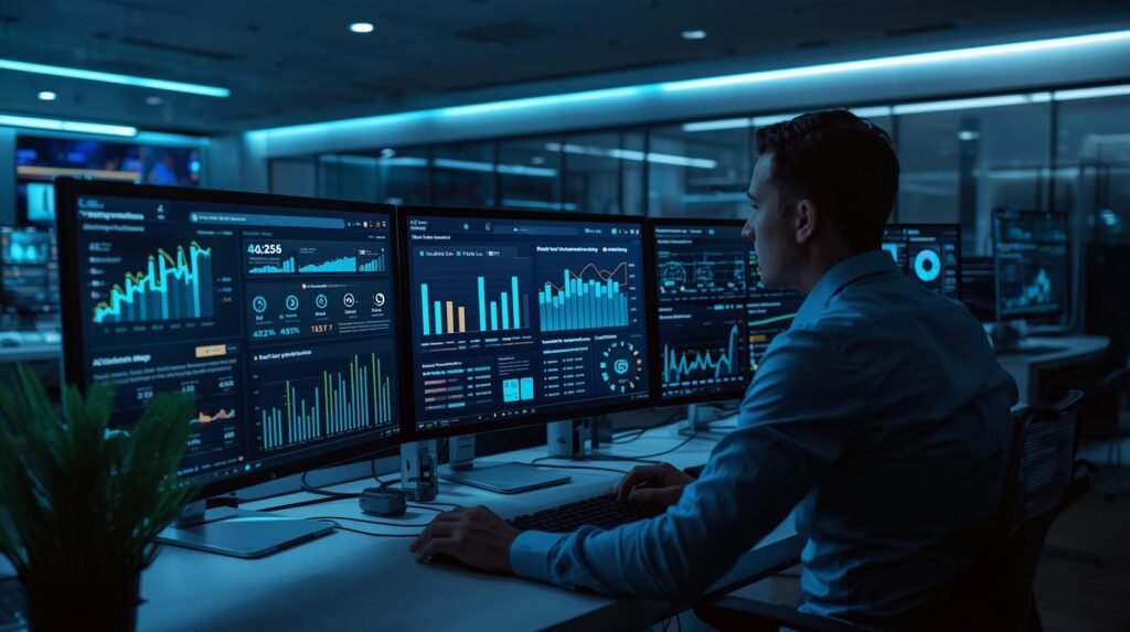 Professional using AI SEO software and analytics dashboards in a modern digital marketing workspace.
