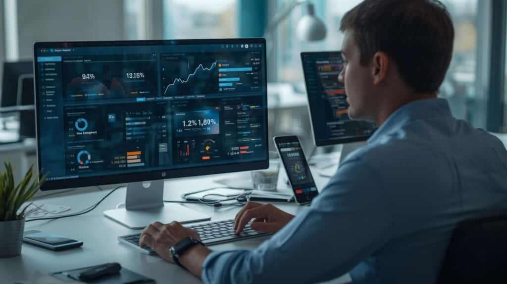 Small business owner using AI SEO tools to analyze website rankings and digital marketing performance in a modern office.
